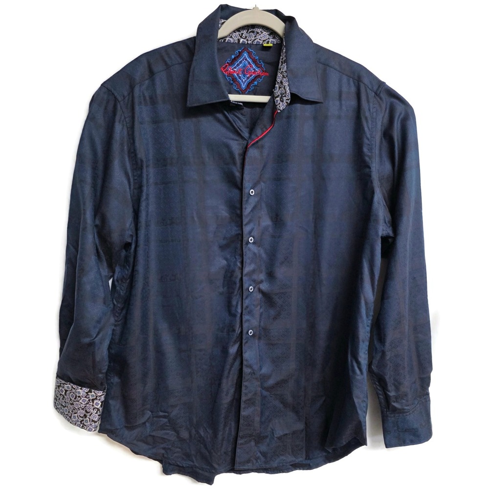 Robert Graham Mens Navy Blue Jacquard Damask Long Sleeve Button Down Shirt XL